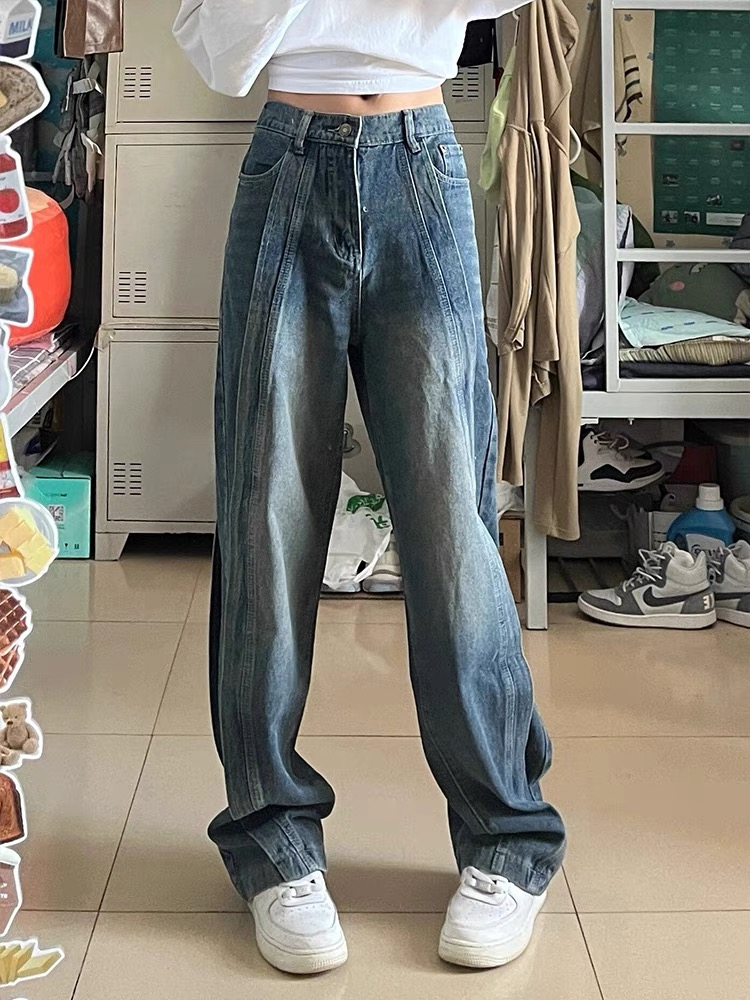 大碼美式復古拼接設計感直筒牛仔褲女春秋高腰寬鬆顯瘦高街闊腿褲