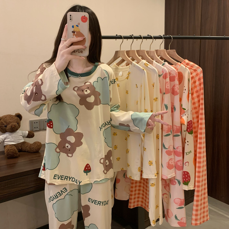 實拍~春季款韓版可愛甜美趣味印花長袖睡衣兩件套家居服套裝