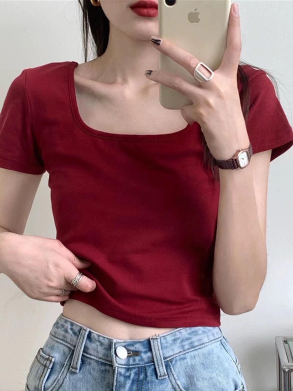 酒紅色純棉正肩短袖T恤女夏季辣妹短款方領鎖骨高腰露臍半袖上衣