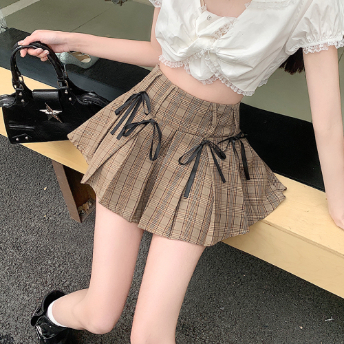 Real shot Sweet Cool Bow 2024 Spring New Versatile Plaid Skirt Slimming JK Skirt