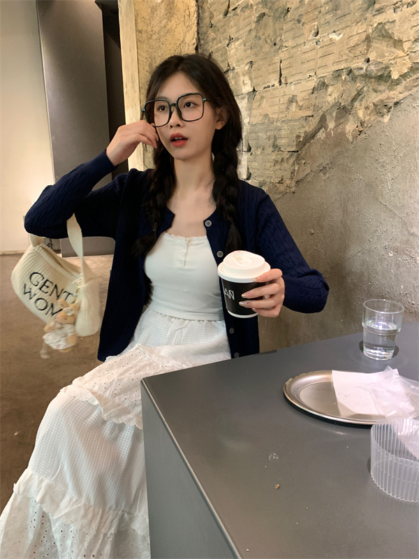 Real shot early spring lace suspender cake skirt retro twist knitted cardigan women's three-piece set