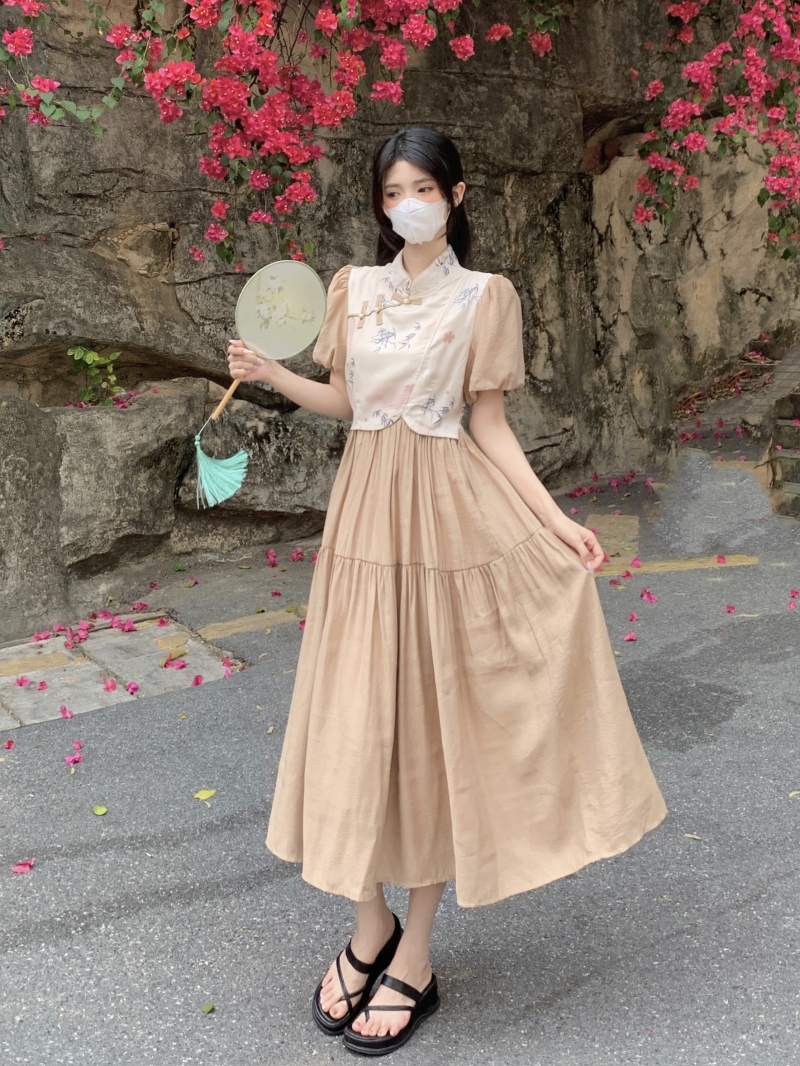 大碼女裝短袖改良盤扣文藝復古漢元素碎花連衣裙夏季民國風長裙女