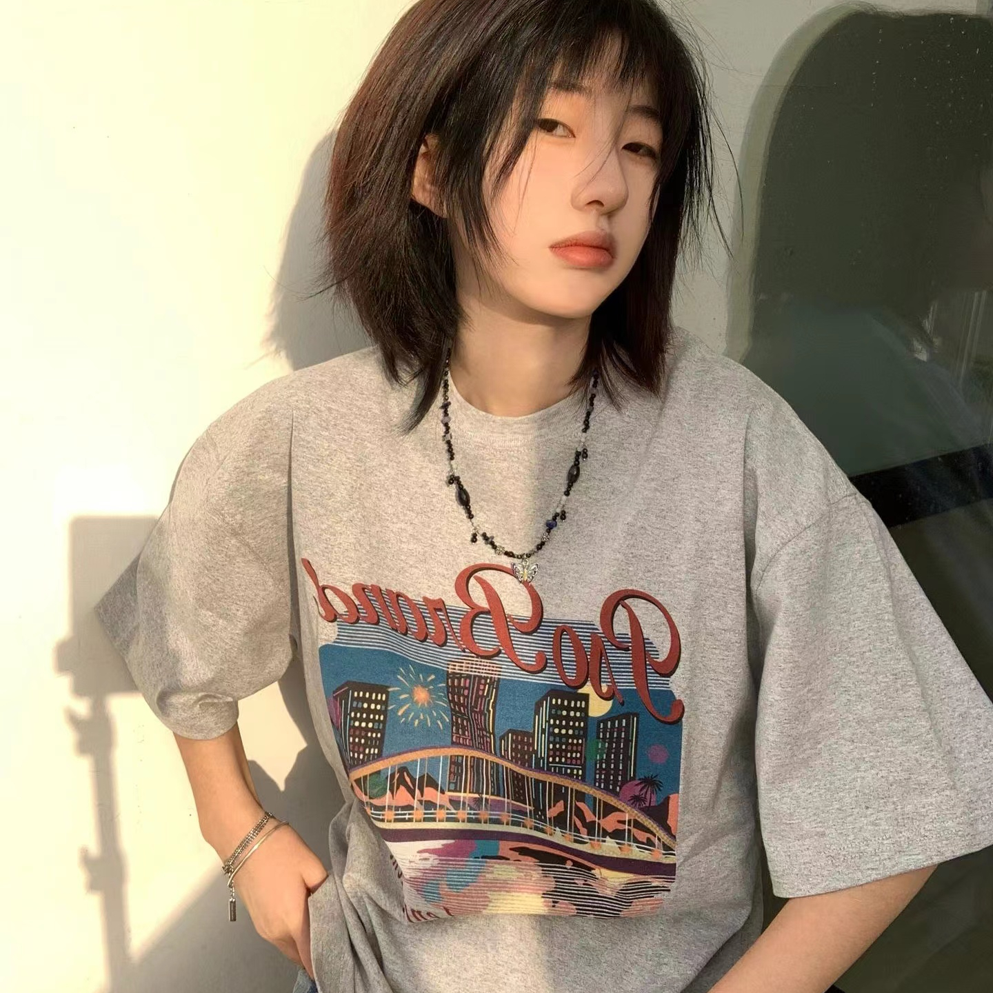 純棉 2024夏季新款美式復古卡通印花短袖T恤女潮