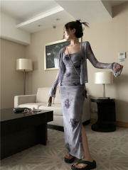 Real shot~Large size rose smudged suspender skirt for women in spring and summer three-dimensional pleated design retro printed dress