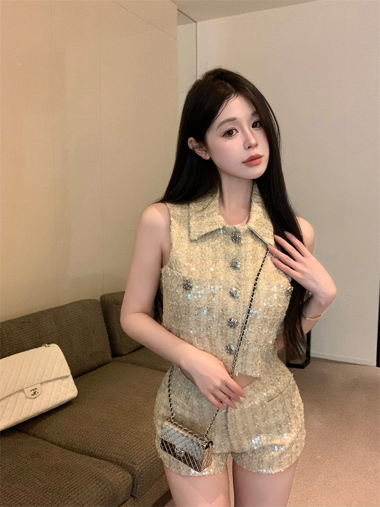 實拍 透明亮片氣質小香背心上衣＋百搭休閒短褲套裝女春秋