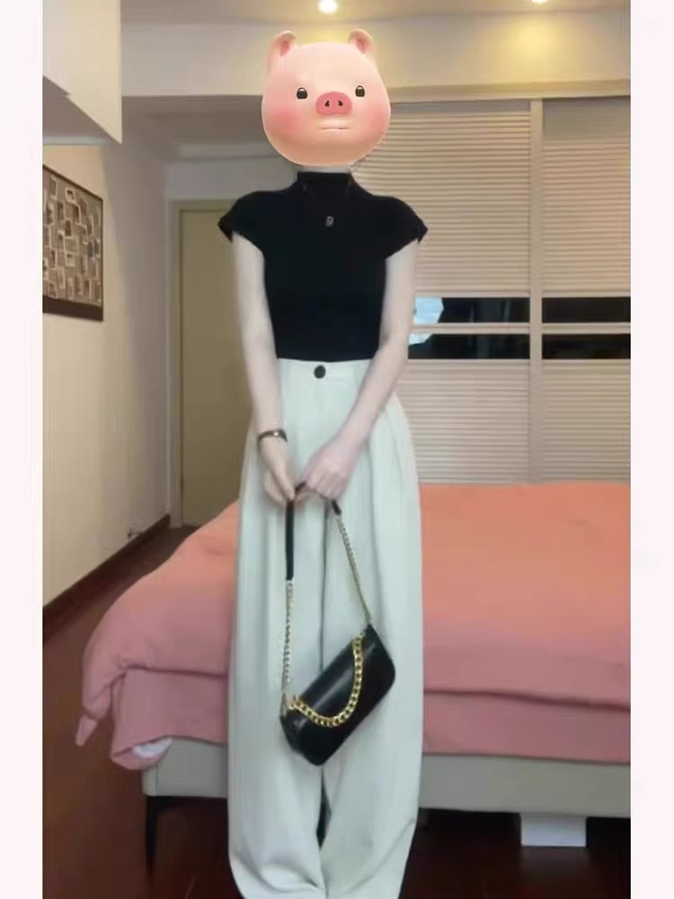 夏季鹽系穿搭輕熟風港味御姐高級感小個子上衣休閒闊腿褲兩件套裝