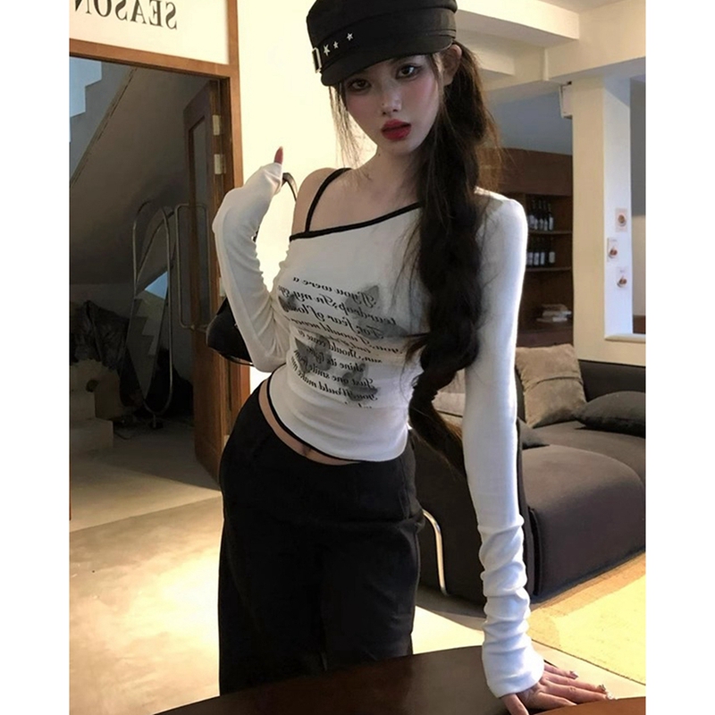 性感辣妹白色斜肩吊帶防曬T恤設計感印花上衣超修身