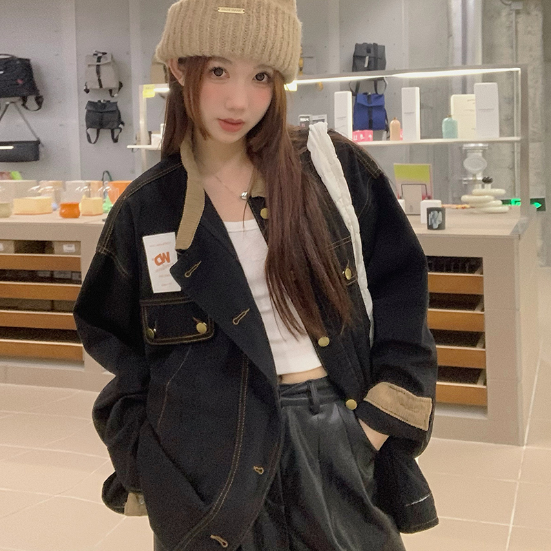 實拍！焦邁奇同款復古做舊水洗燈芯絨拼接oversize牛仔外套女