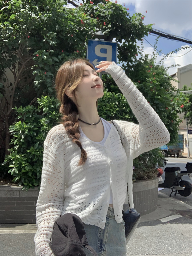 Korean style loose V-neck hollow design knitted long-sleeved sun protection cardigan top for women