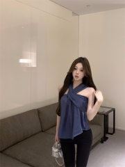 Real shot glossy satin matte blue top Korean style irregular halter neck shirt