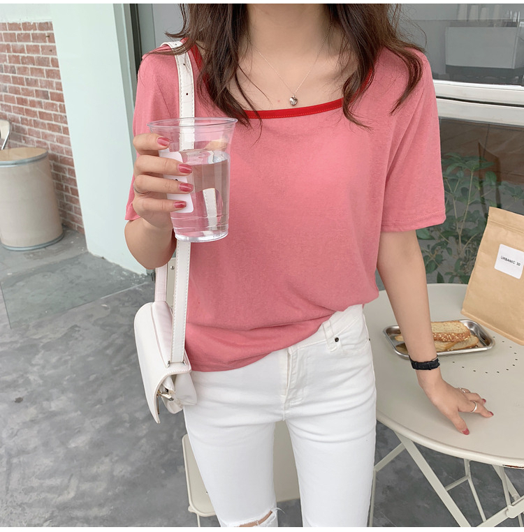實拍夏季新款心機鎖骨方領上衣女韓版寬鬆網紅短袖t恤ins潮小透
