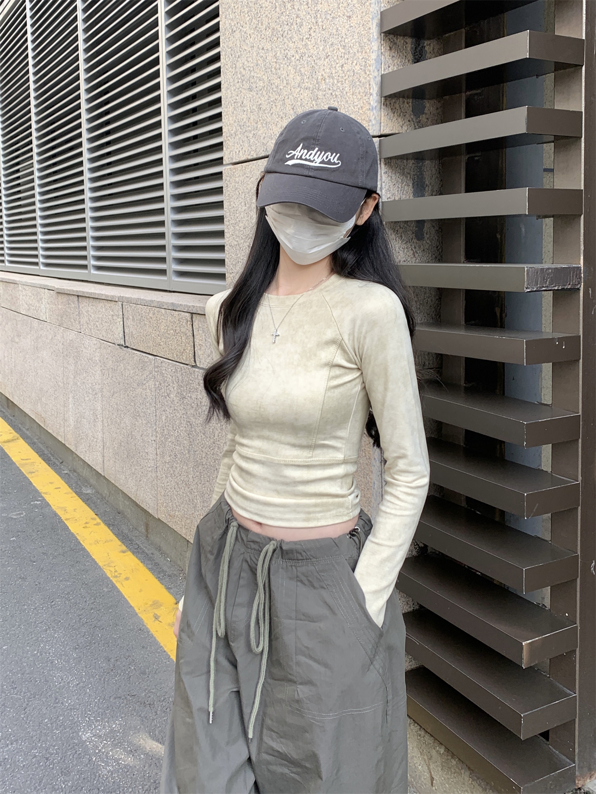 實拍 春季韓版修身插肩扎染魚骨顯瘦設計感純棉長袖T恤上衣女