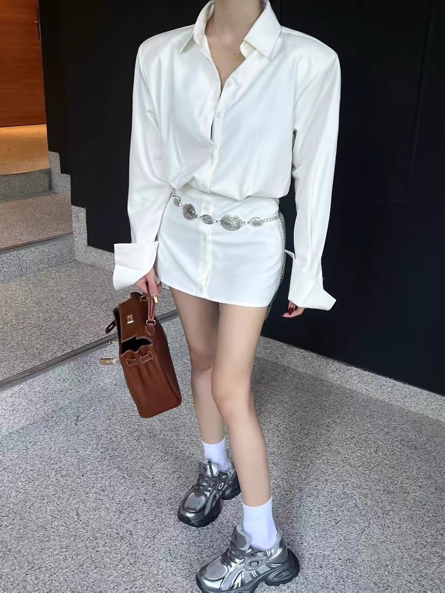 DACC 2024春季新款韓版墊肩襯衫裙時髦氣質連衣裙女寬鬆收腰裙女