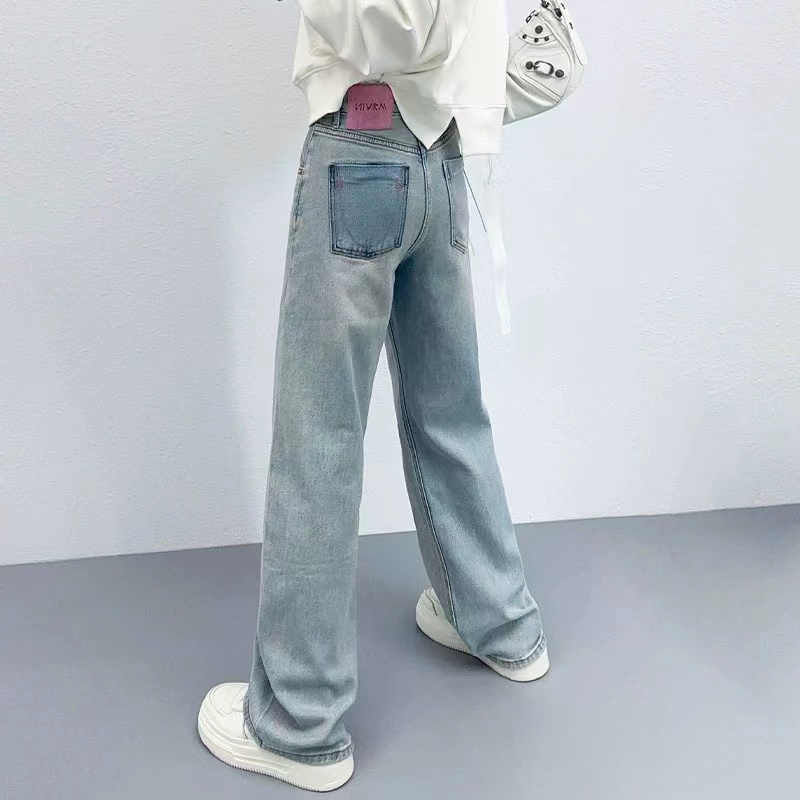 63390花匣子牛仔褲女2024新款春季淺藍色粉標窄版瘦闊腿褲AB口袋