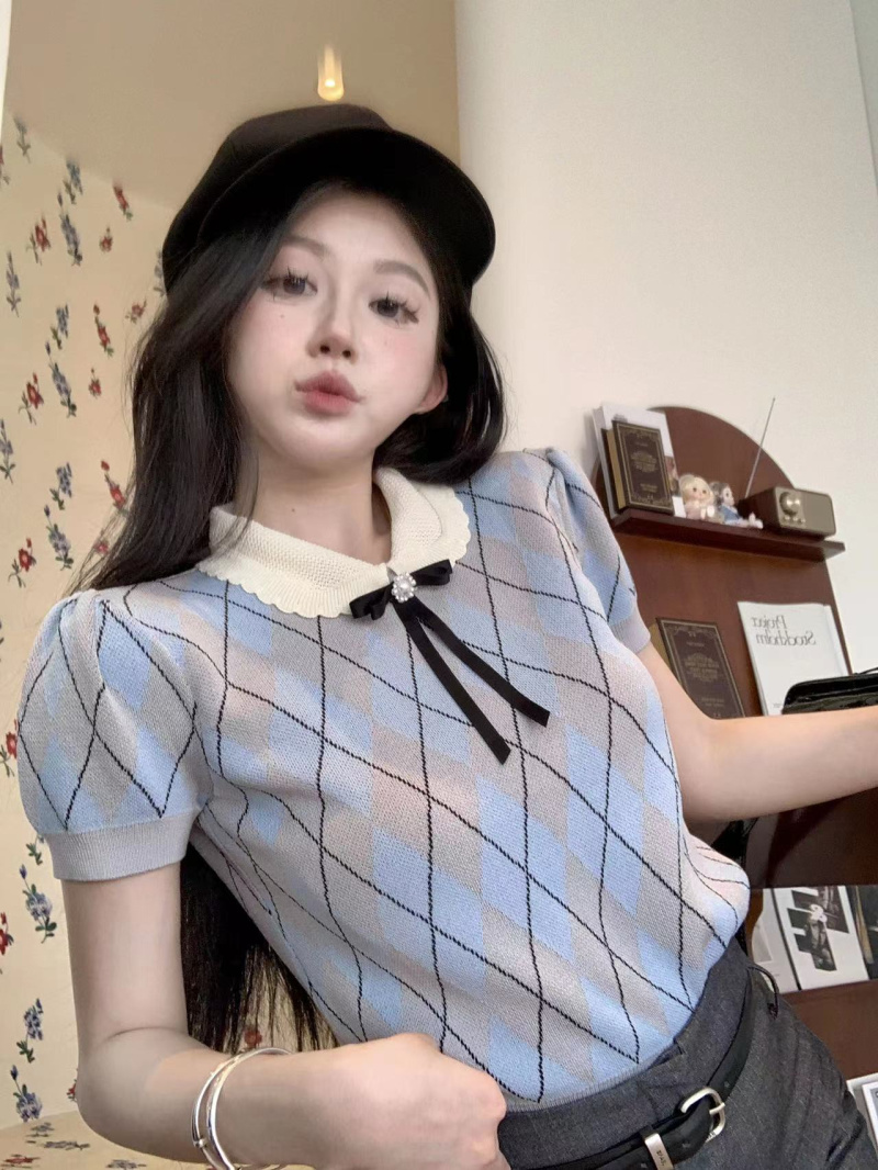 實拍~菱格甜美短款學院風針織上衣蝴蝶結修身短袖T恤女