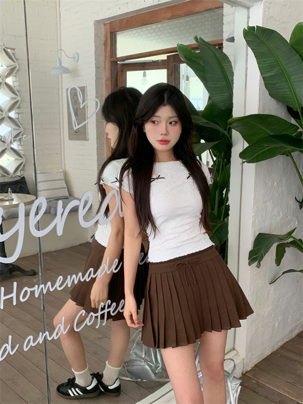 實拍夏季甜美蝴蝶結肌理感短袖T恤+A字裙蝴蝶結撞色百褶裙女