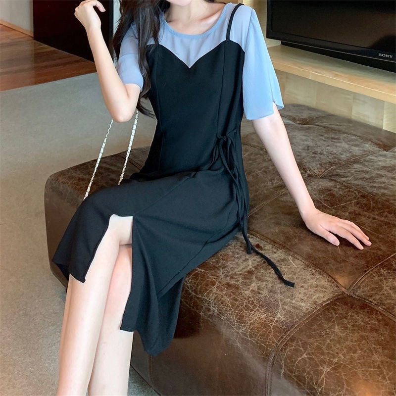 2024夏季新款假兩件吊帶開叉裙子收腰顯瘦女神必備氣質減齡連衣裙