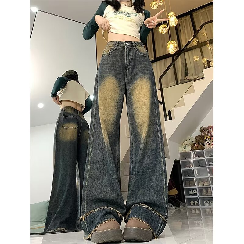 大碼美式復古做舊牛仔褲女春秋胖mm寬鬆顯瘦高腰直筒闊腿拖地褲子