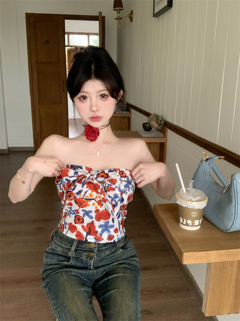 實拍~甜美背心女夏外穿美背蝴蝶結油畫抹胸上衣