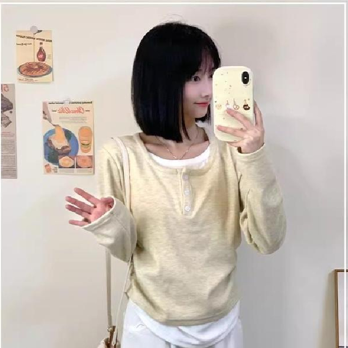 韓系簡約風紐扣假兩件長袖女T恤甜妹風顯瘦收腰短款打底衫