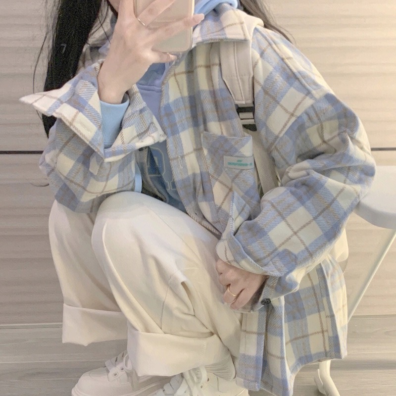 藍色格子襯衫女韓系chic別致上衣早春2024年新款法式襯衣外套
