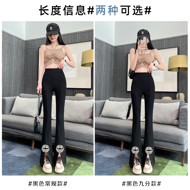 實拍#高腰西裝褲女2024新中式國風盤扣顯瘦彈力開叉微喇叭褲長褲