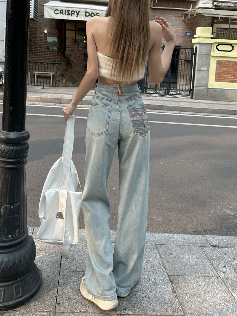 實拍~洗水懷舊闊腿牛仔褲女2024夏季韓版寬鬆顯瘦拖地褲