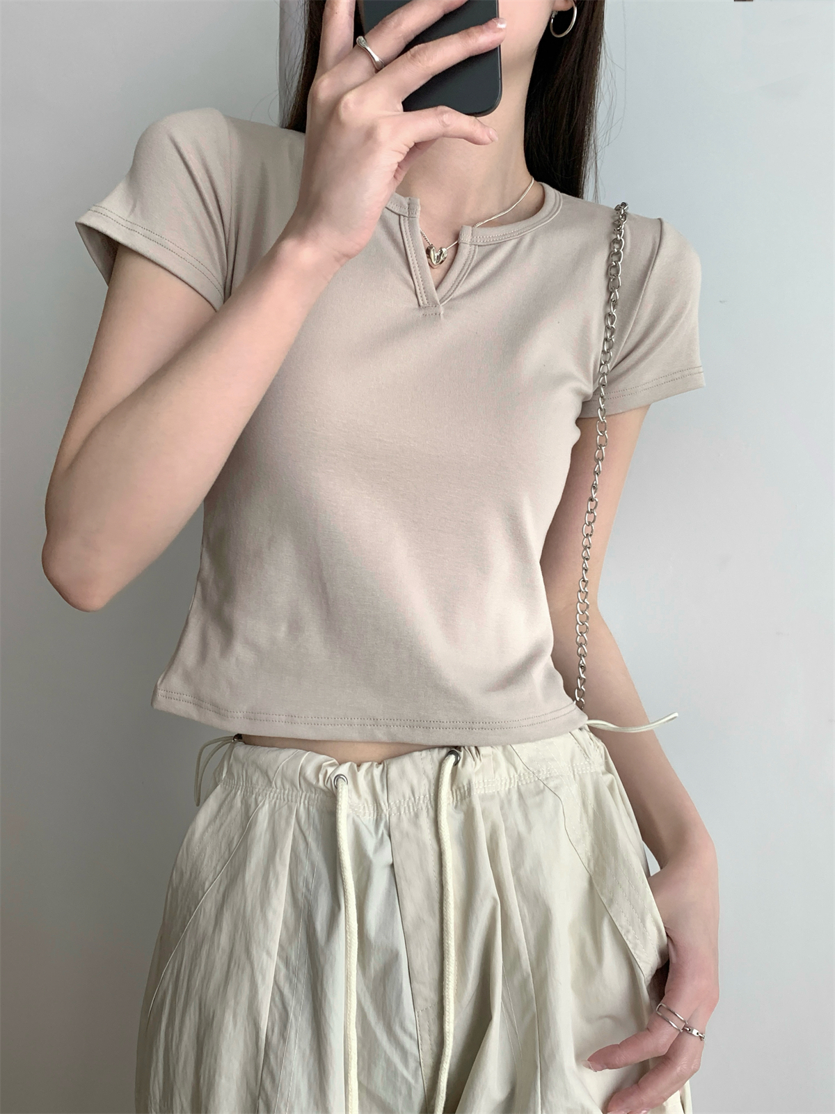 實拍 春夏韓版修身半開領簡約百搭純棉短袖T恤上衣女