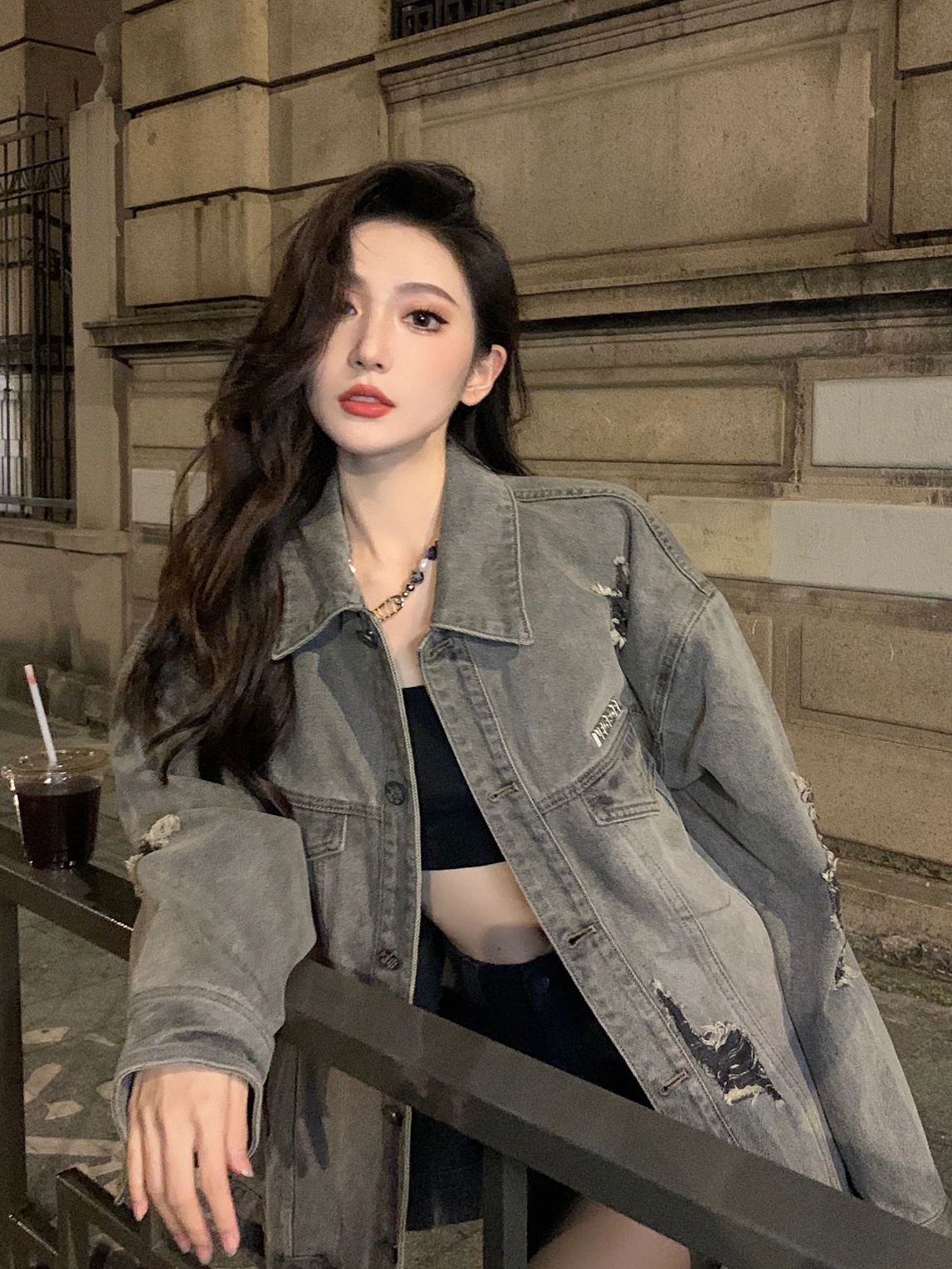 潮牌復古牛仔夾克外套女春季2024新款寬鬆百搭水洗破洞開衫上衣潮