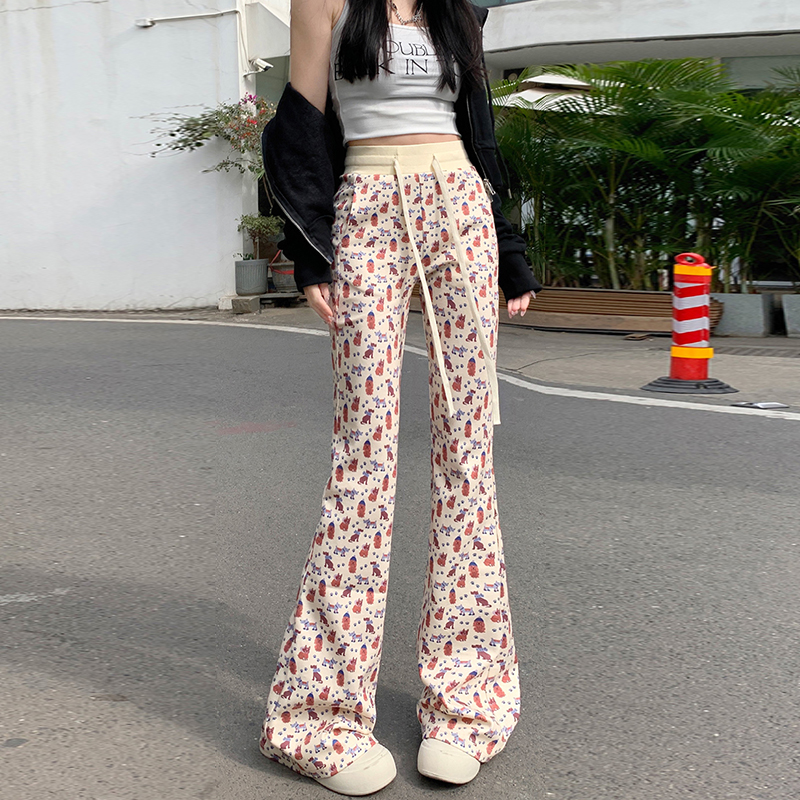 實拍印花小狗復古辣妹百搭喇叭褲鬆弛慵懶垂感運動褲休閒褲女