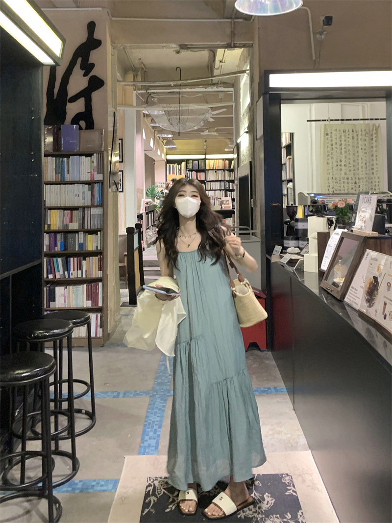 實拍#肌理感度假風吊帶連衣裙長裙女+後背綁帶防曬襯衫兩件套