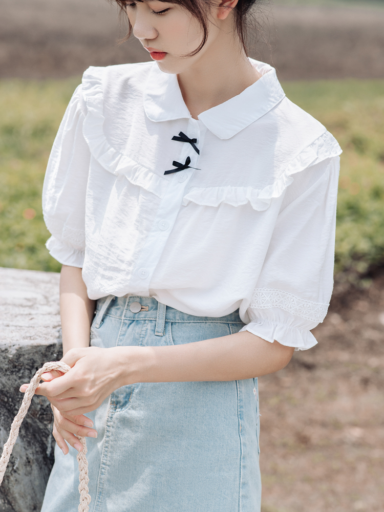 2024新款甜美白色初高中學生襯衣上衣女春款設計感小衫短袖白襯衫