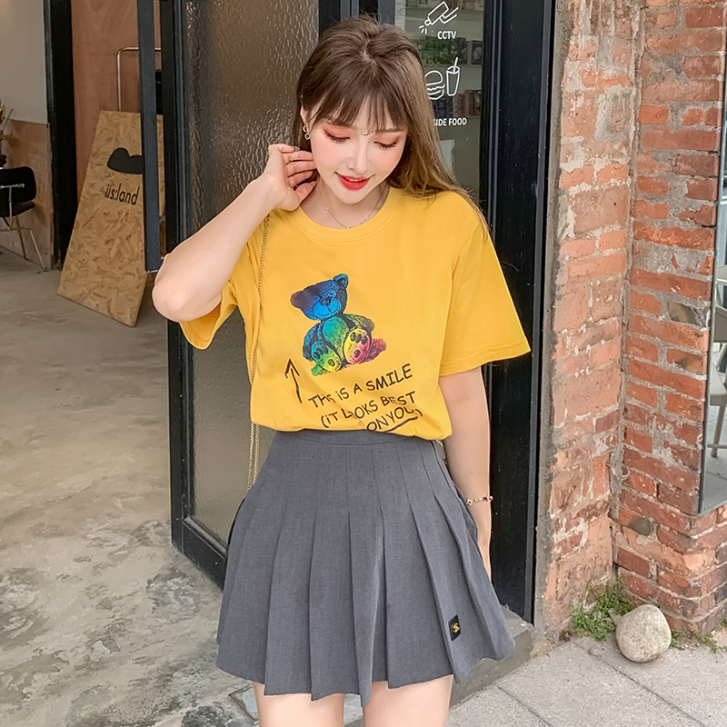 實拍大量黑色t恤女寬鬆ins卡通印花短袖新款百搭純棉大碼體恤