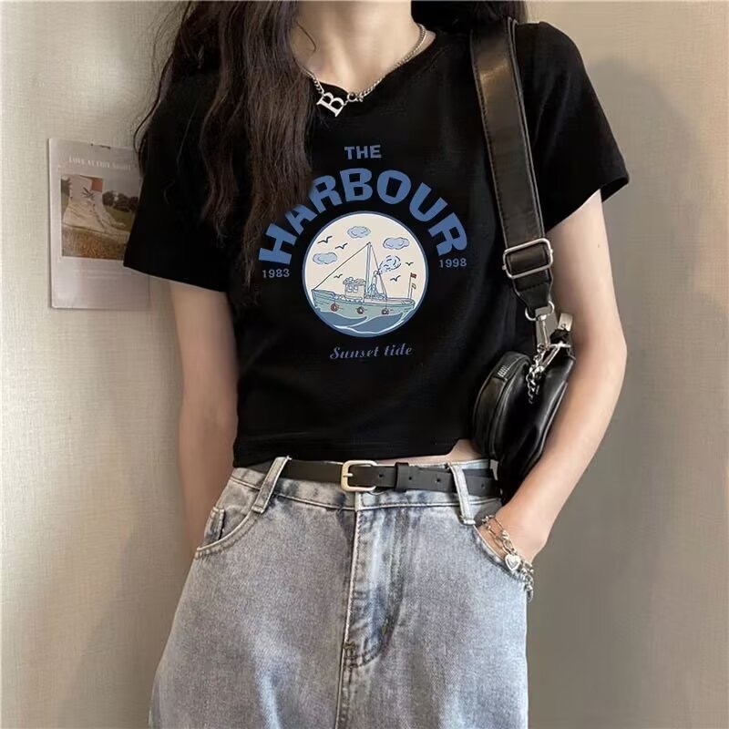 純棉拉架短袖T恤女2024夏季新款寬鬆休閒百搭上衣