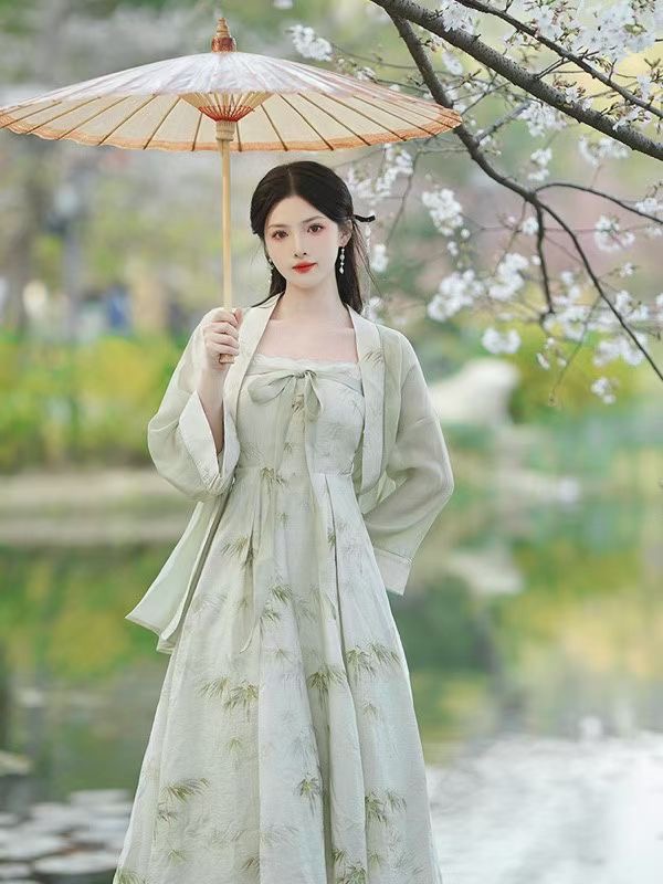 大碼套裝女秋兩穿碎花吊帶連衣裙開衫兩件