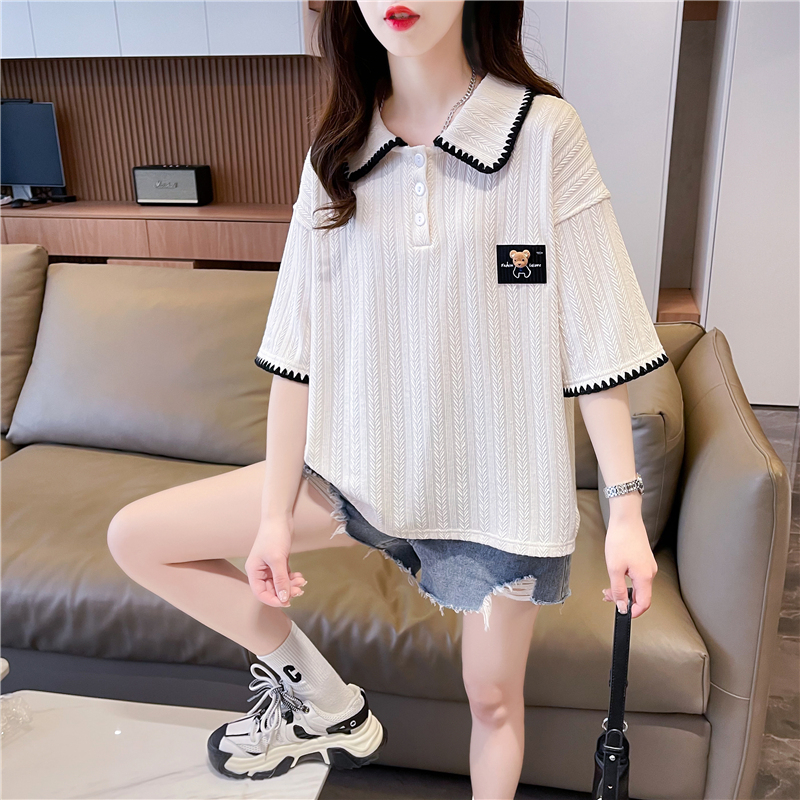 實拍-2024夏季仿棉泡花POLO領大碼寬鬆上衣T恤女