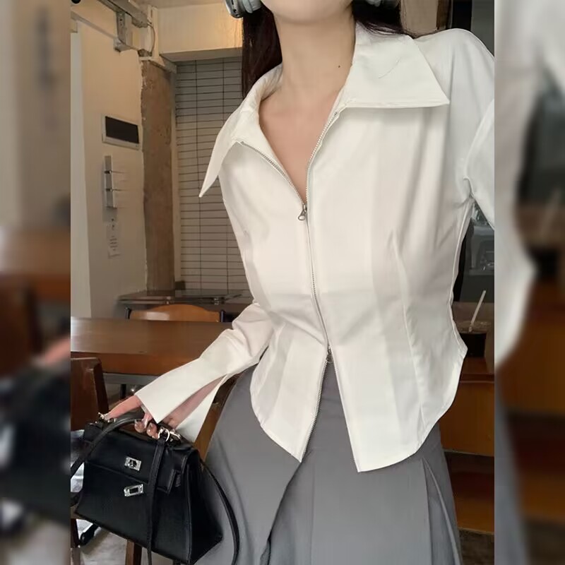 純欲風翻領袖口開叉長袖襯衫白色短款雙拉鏈弧形露腰上衣