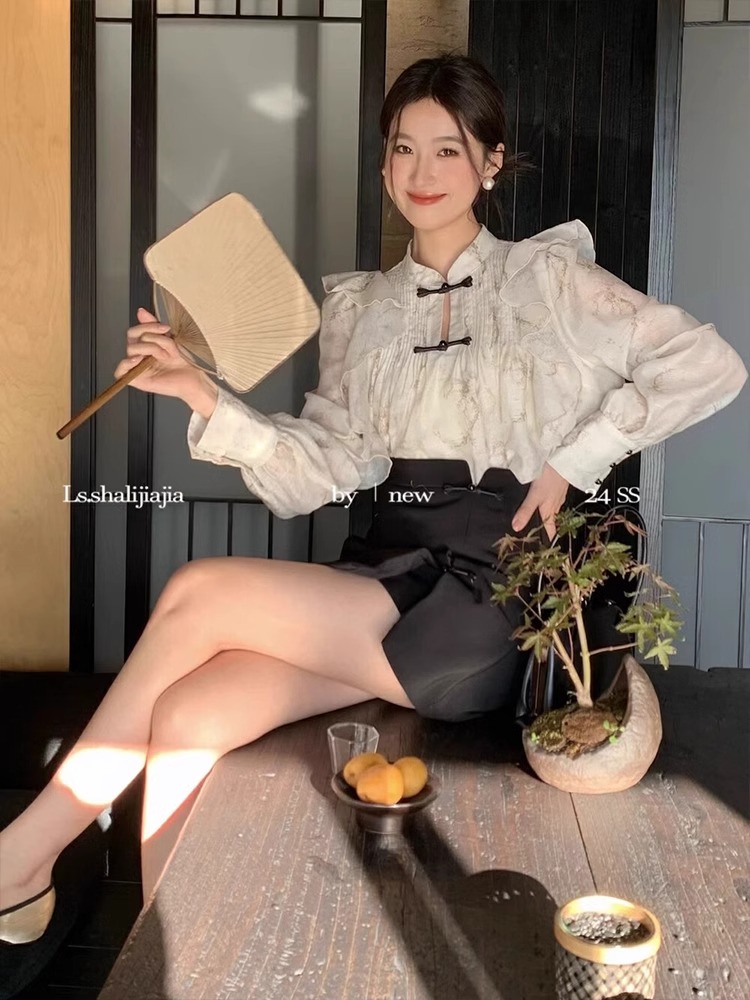 今年流行漂亮套裝裙新中式盤扣甜美印花襯衫國風顯瘦半身裙上衣女