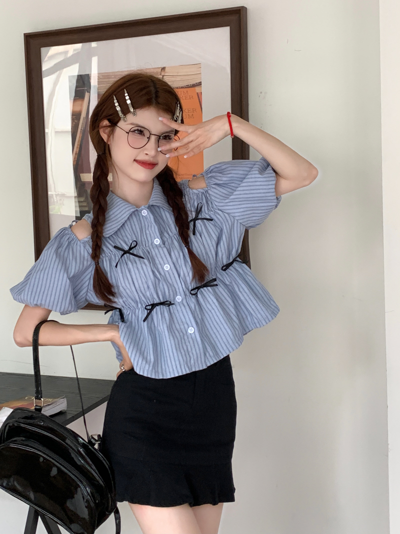 實拍春夏新款韓甜美條紋漏肩公主袖蝴蝶結收腰減齡學院風襯衫