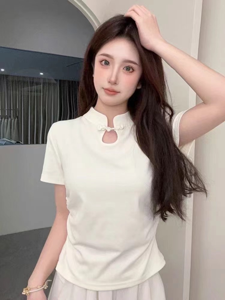 新中式短袖t恤女2024夏季新款改良國風盤扣設計感修身顯瘦上衣