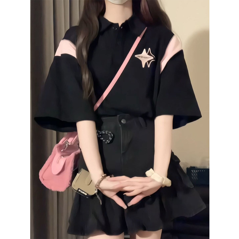 官圖6535棉撞色星星刺繡polo領短袖t恤女夏季寬鬆上衣女