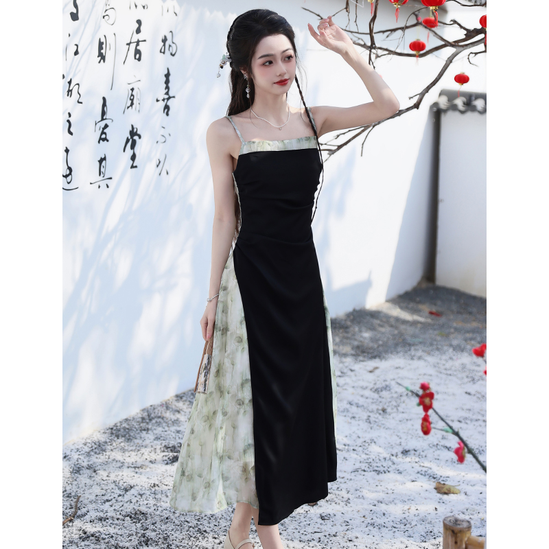 不低於129實拍2024新中式國風改良印花裙顯瘦吊帶裙