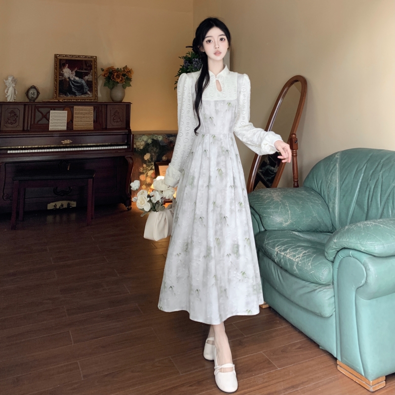 大碼女裝假兩件拼接設計感連衣裙春秋新中式國風收腰顯瘦長裙子