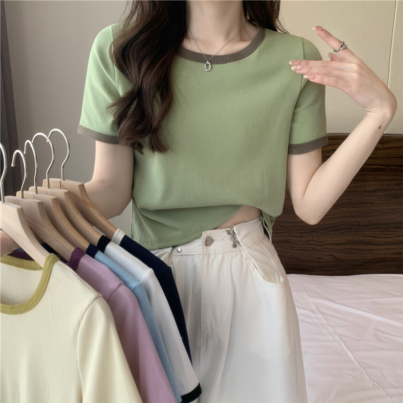 Real shot Korean version of summer new style contrasting hot girl short high-waisted short-sleeved T-shirt women's tops