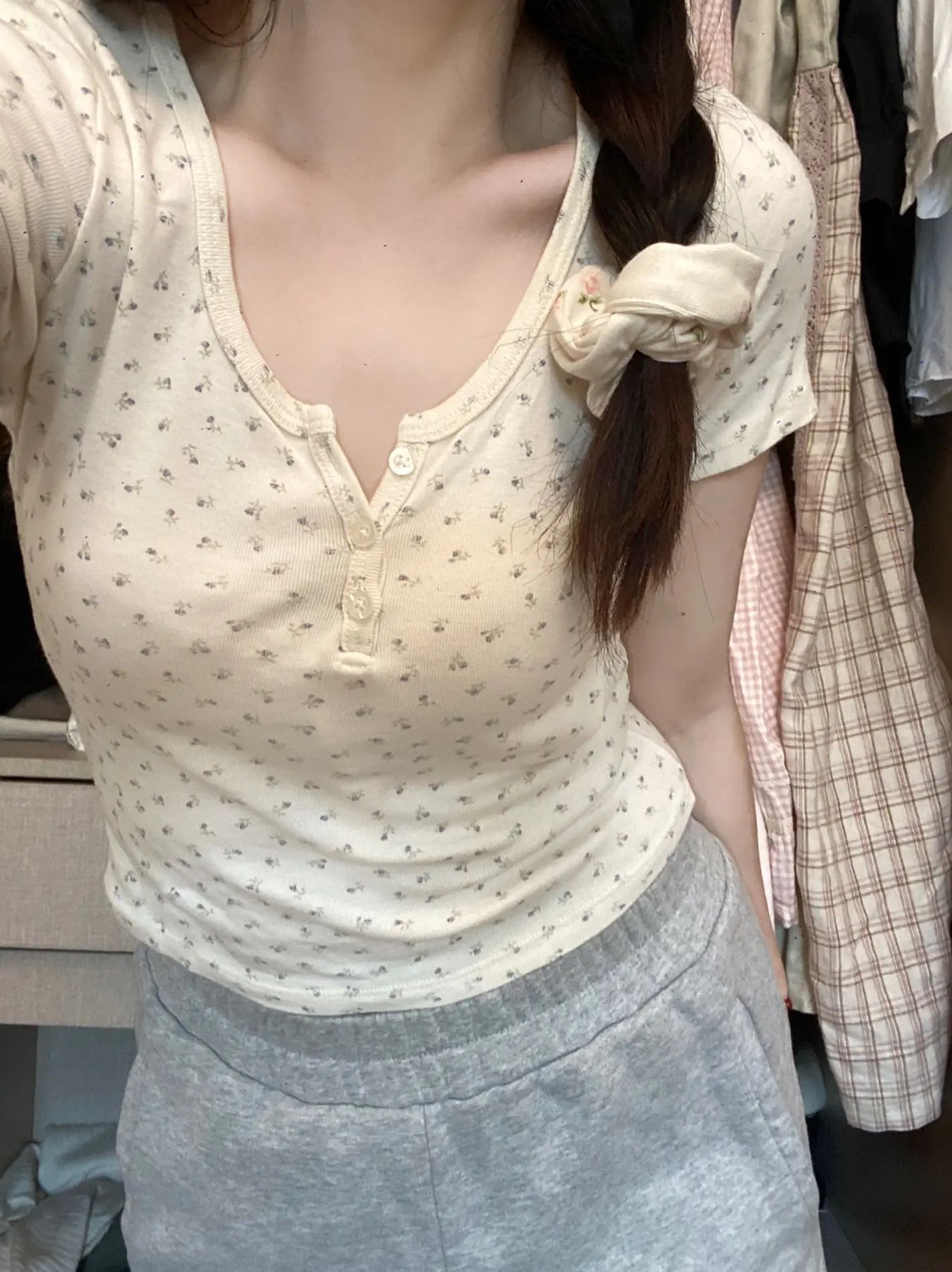 甜美碎花短袖修身紐扣半開領上衣ins潮夏季波點百搭套頭韓版修身