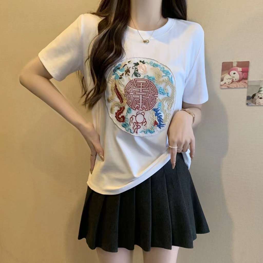 2024春夏新款新中式國風刺繡長袖T恤時尚百搭上衣女潮