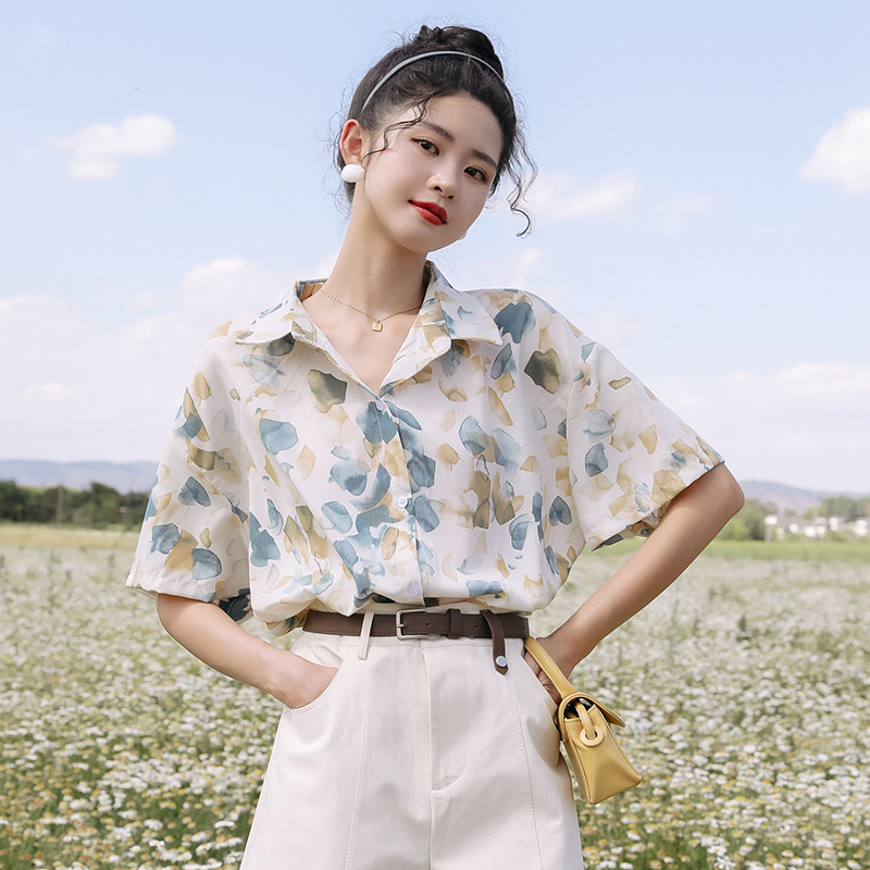 ins港風雪紡短袖花襯衫薄款女2024夏新款設計感小眾寬鬆別致上衣