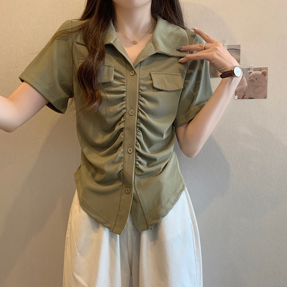胖MM設計感夏季新款簡約褶皺百搭POLO領修身顯瘦短袖女小眾上衣