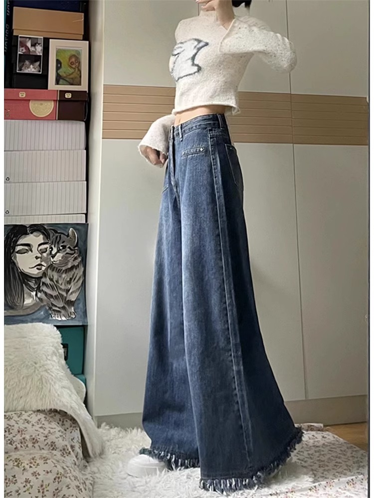 大碼復古藍流蘇毛邊大闊腿褲美式高街牛仔褲女寬鬆高腰顯瘦褲子潮