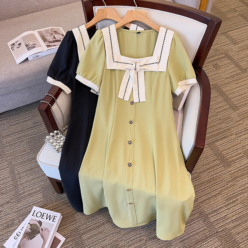 Actual shot of 2024 summer new style fat mm temperament slim contrasting color high-end bestie dress square collar bow dress